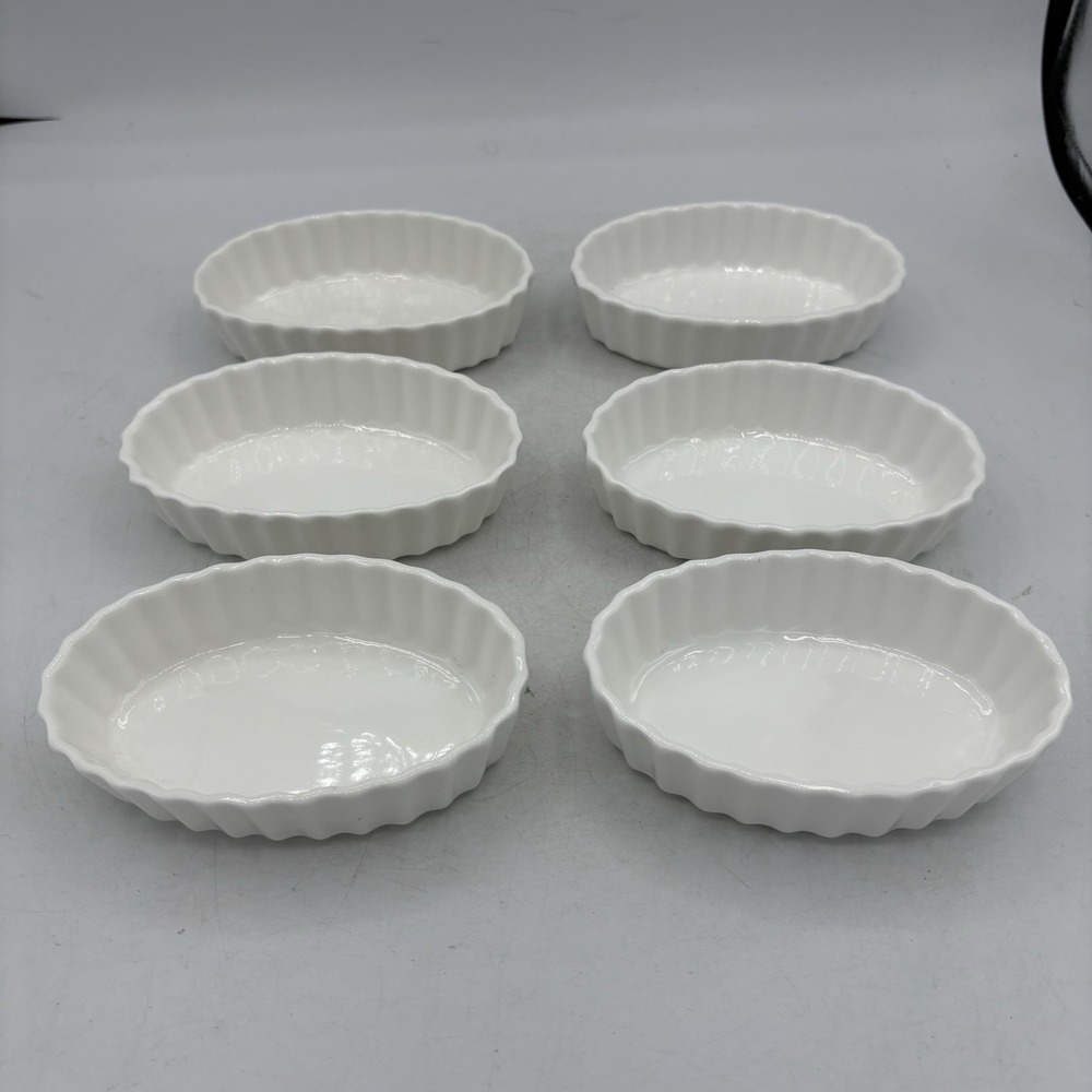 Crate & Barrel Ramekins White Oval Creme Brulee Ruffled Dish Lot Set of 6